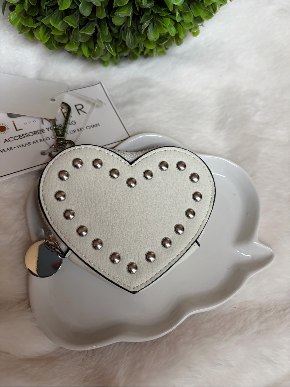 Heart Studded Coin Purse Keychain - White